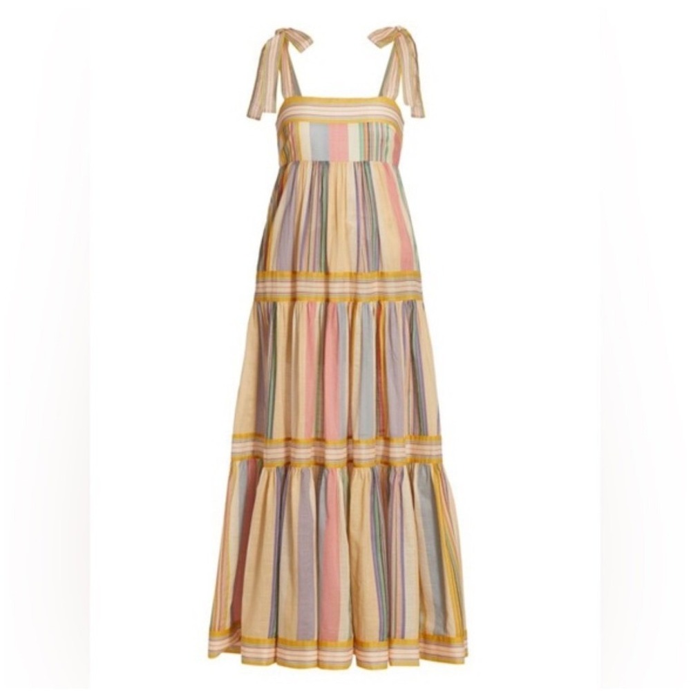 By Together Striped Tie Shoulder Tiered Maxi Dress Yellow Pink Blue Small